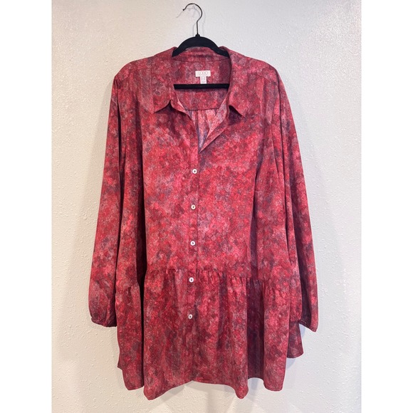 LOGO Lori Goldstein Womens 3XL Red Button Down Long Sleeve Peplum Blouse Top - Picture 1 of 6